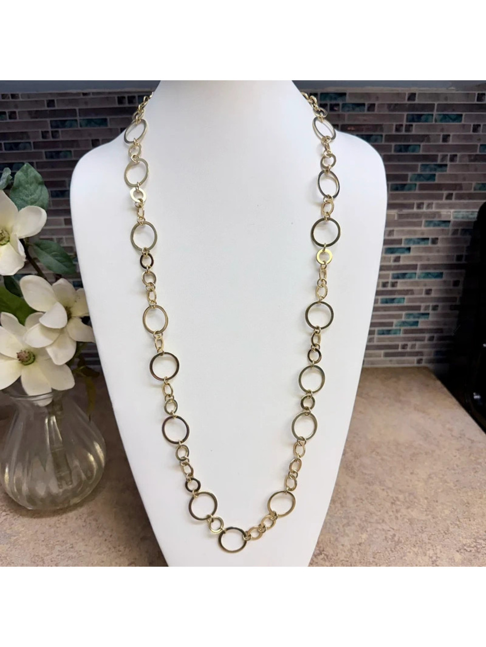 Chico's Long Gold Tone Multi Circle Link Statement Chain Necklace